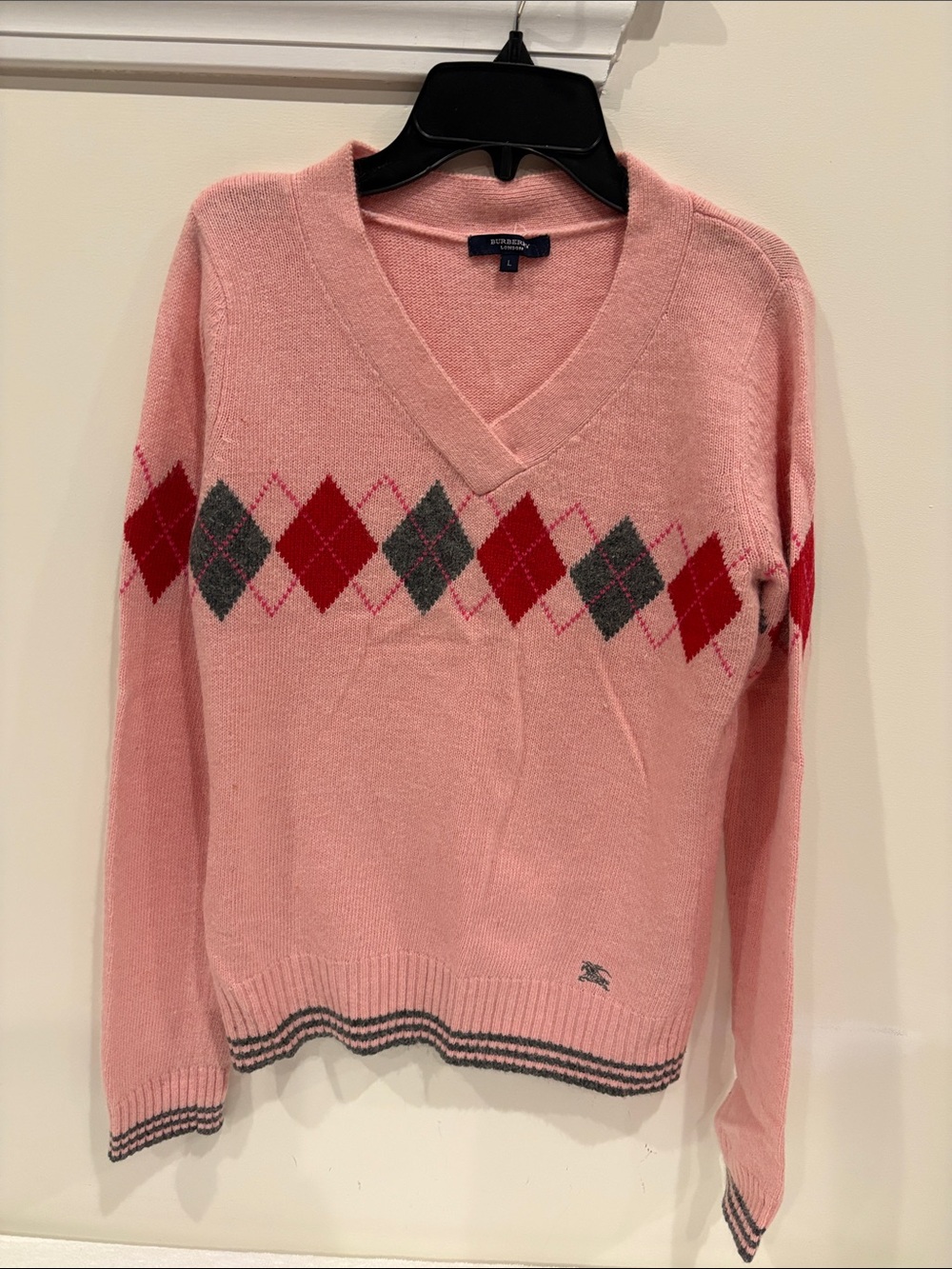 Burberry Pink Argyle Crewneck Sweater with Red and Charcoal Accents